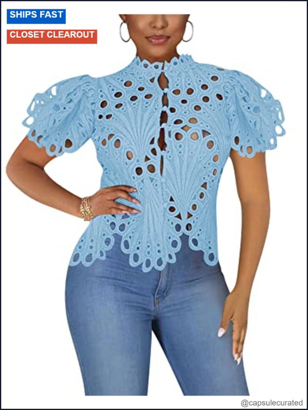 Women's Sheer Lace Ruffle Puff Sleeve Button Down Blouse Tunic Top